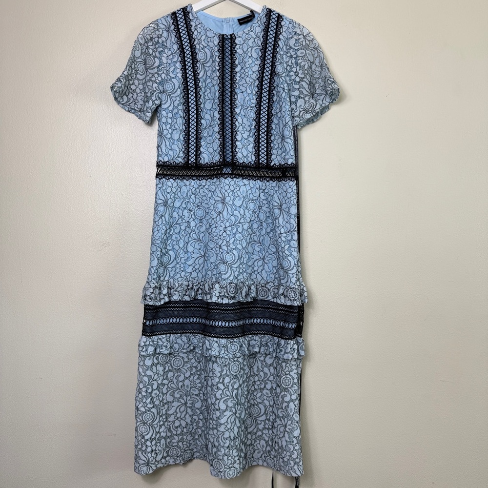 PrettyLittleThing Women’s Dusty Blue Lace Ruffle‎ Detail Midi Dress Size 8 New - Picture 3 of 15